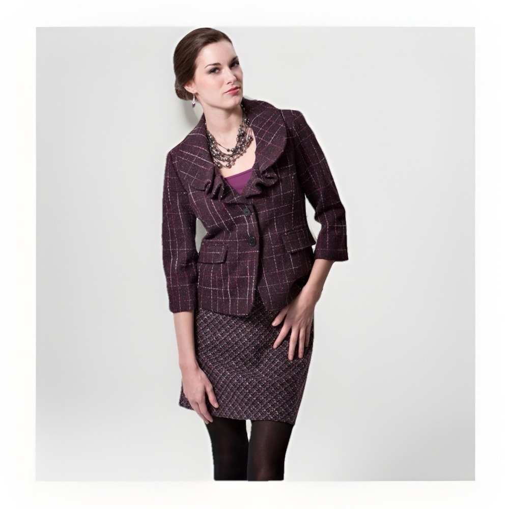 Ann Taylor LOFT Wool‎ Blend Tweed Blazer Jacket Ruffle Collar Size 6 3/4 Sleeves